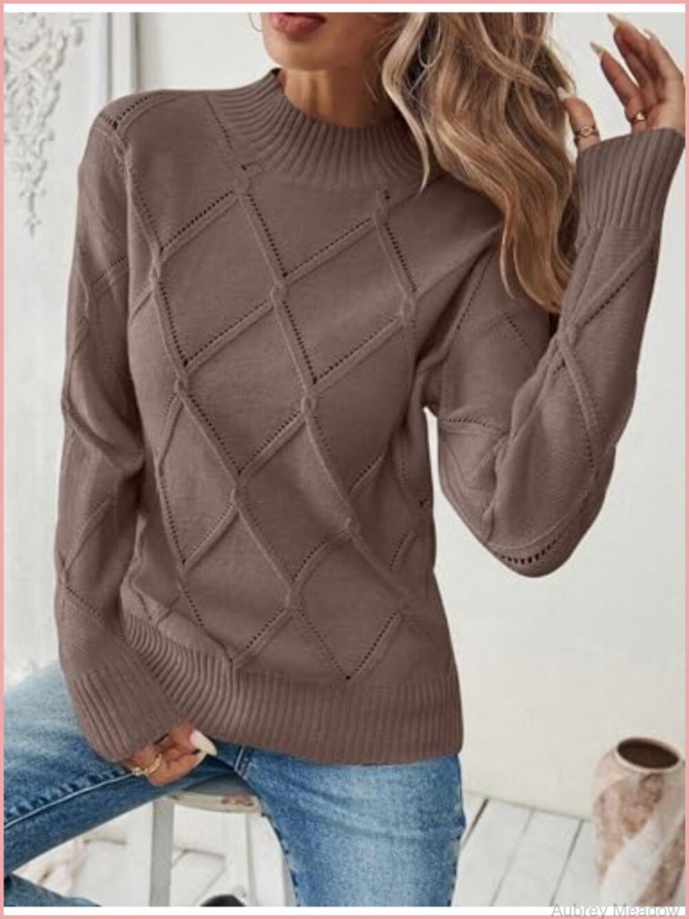 Women's Sweater Loose Fit Crew Neck Hollow Out Knit Long Sleeve Pullover - Picture 3 of 6